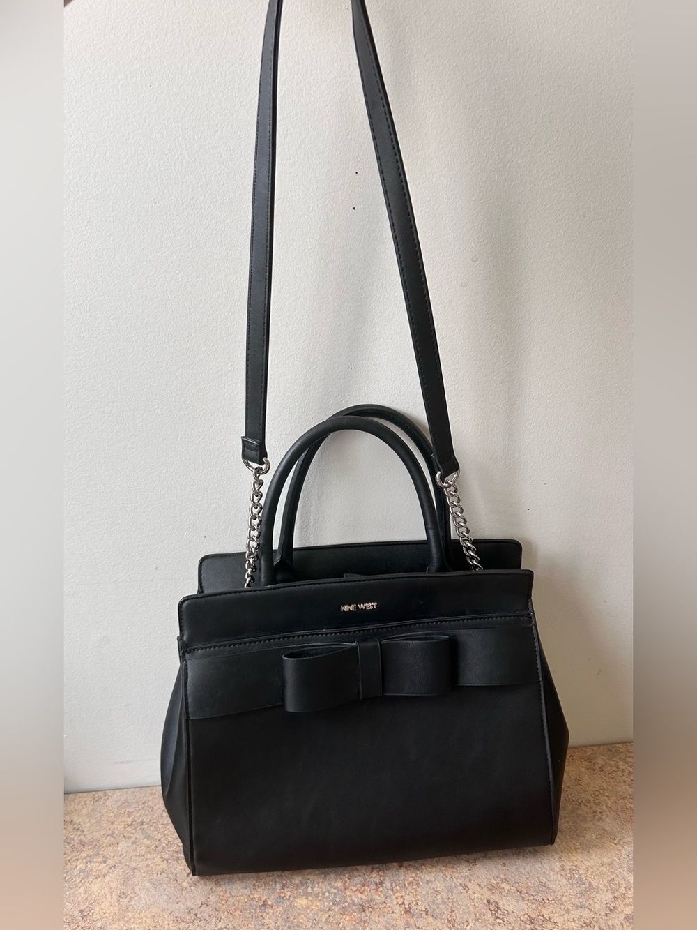 Nine West Spacious Black Vegan Leather Shoulder Purse w/Bow Detail